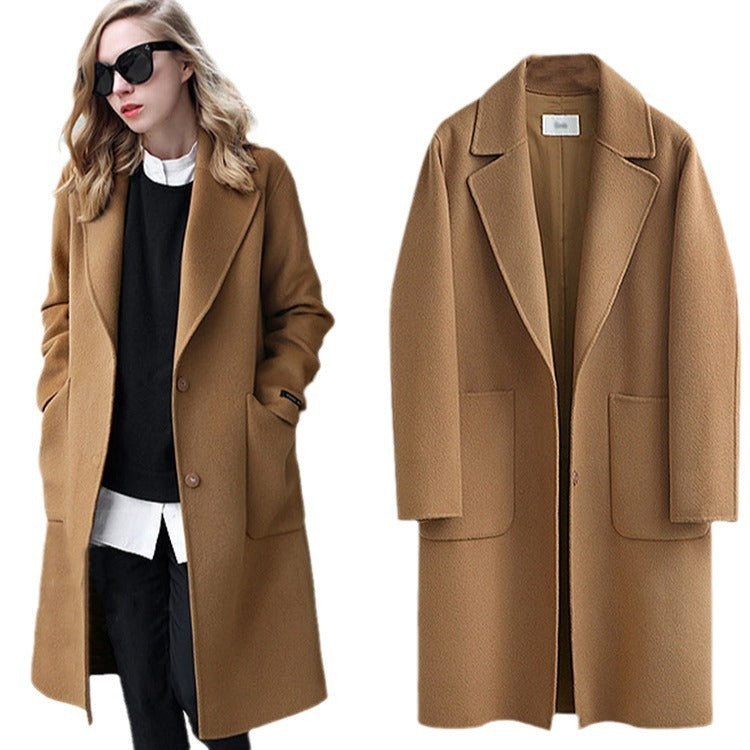 Women Longline Wool Blend Coat with Oversized Lapel and Patch Pockets Mune Fashion