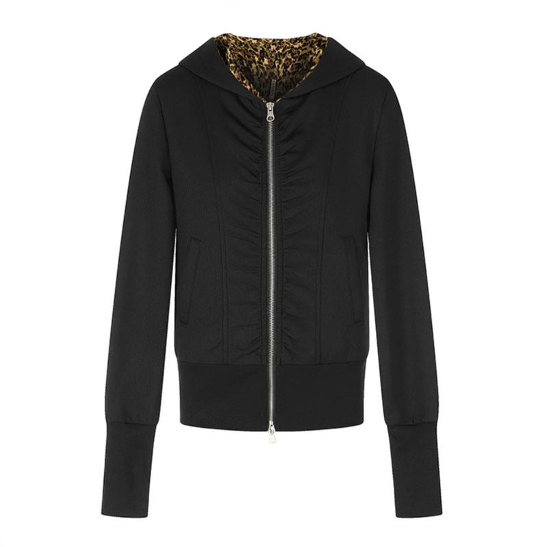 Women's Hooded Sweat Jacket with Full Zip, Gathered Front and Leopard Hood Lining Mune Fashion