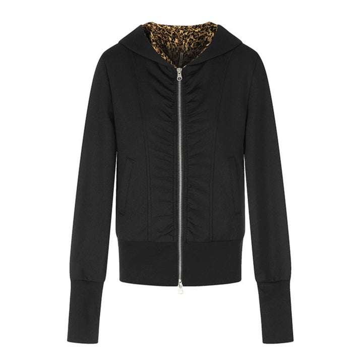 Women's Hooded Sweat Jacket with Full Zip, Gathered Front and Leopard Hood Lining Mune Fashion