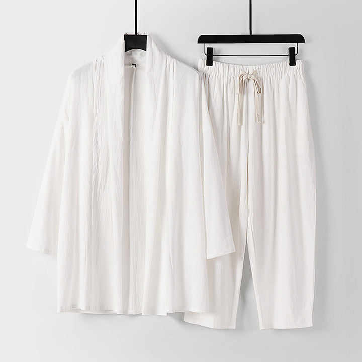 Unisex Lockeres Kimono-Lounge-Set made of lightweight cotton blend with shawl collar and drawstring pants Mune Fashion
