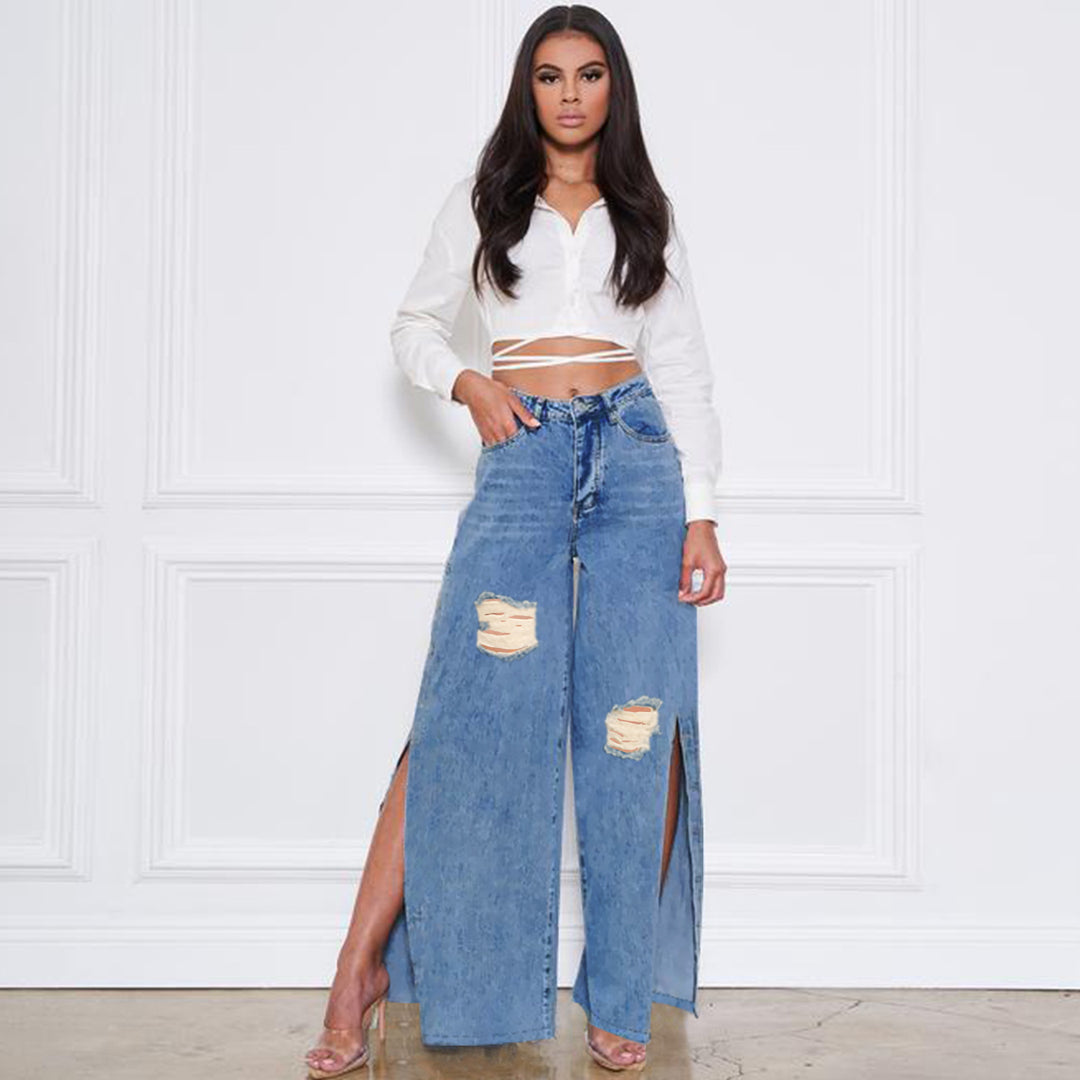 Women's high-cut jeans with wide leg, knee rips, and side leg slits Mune Fashion