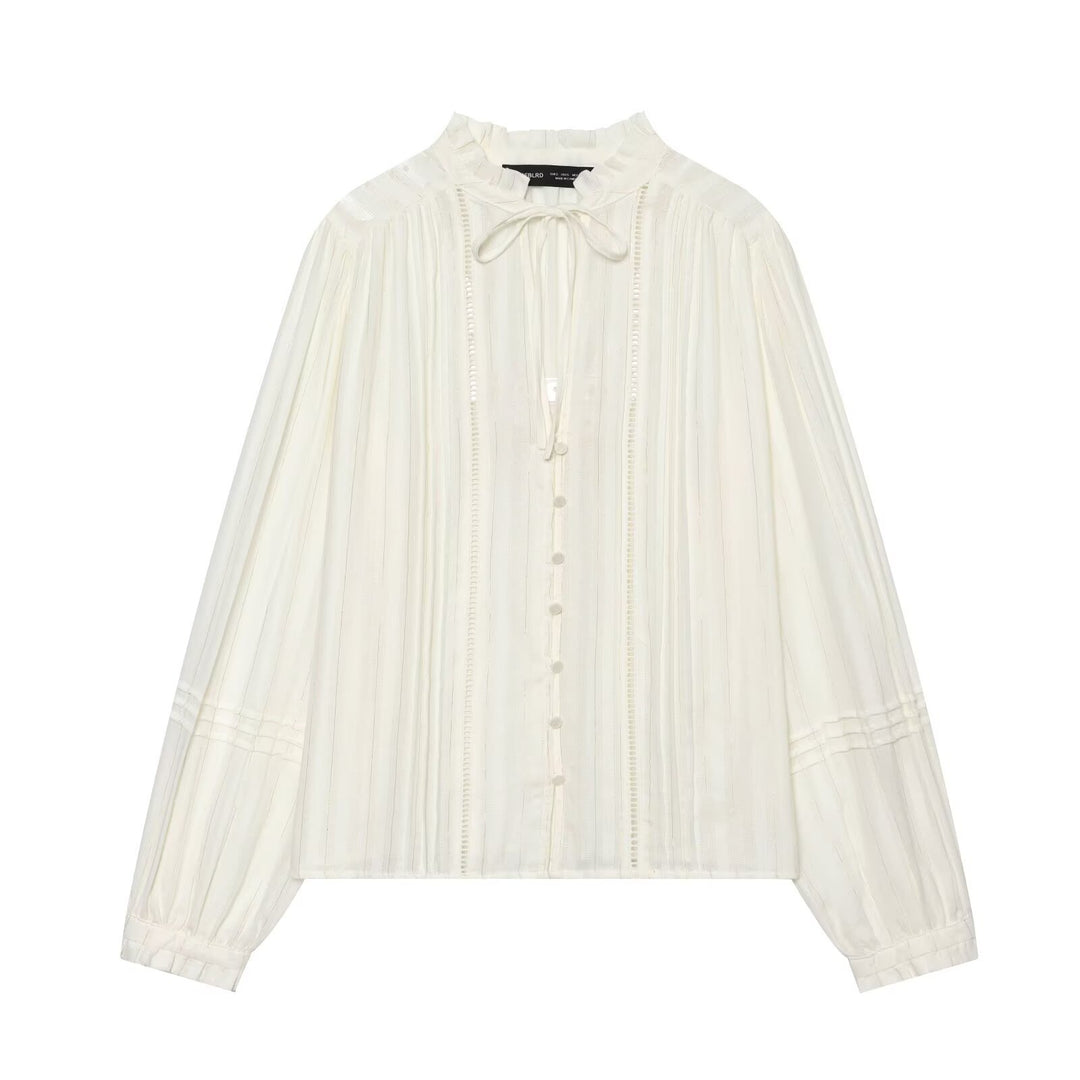 Women's Pleated Chiffon Blouse with Ruffled Collar and Tie Band Mune Fashion