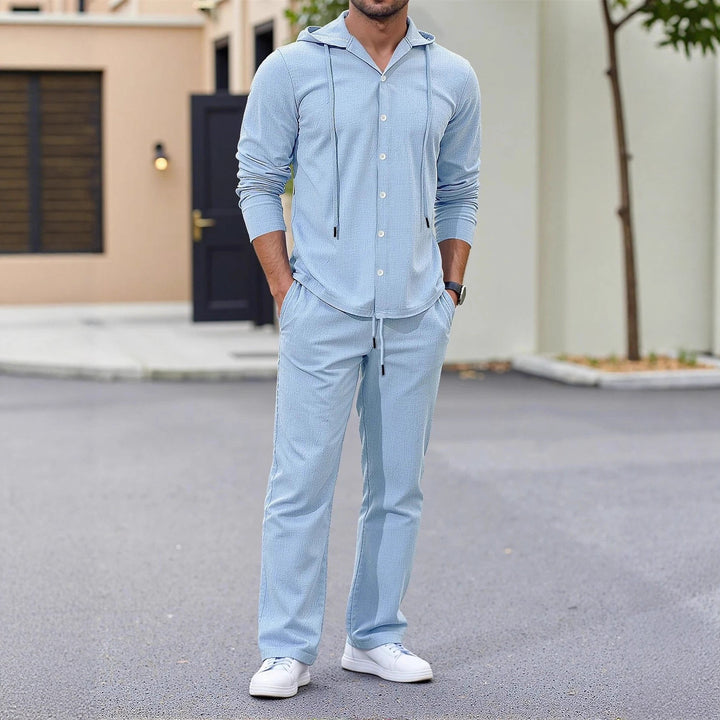 Men's casual two-piece lounge set with hoodie shirt, full button placket, and drawstring pants Mune Fashion