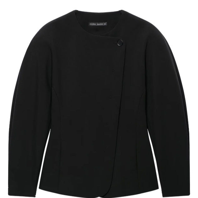 Women's Tailored Blazer Jacket with Asymmetrical Button Placket and Round Neckline Mune Fashion