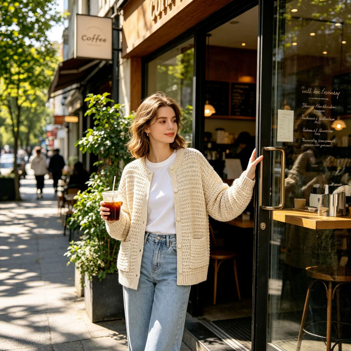 Ladies chunky knitted oversized cardigan with button placket and patch pockets Mune Fashion