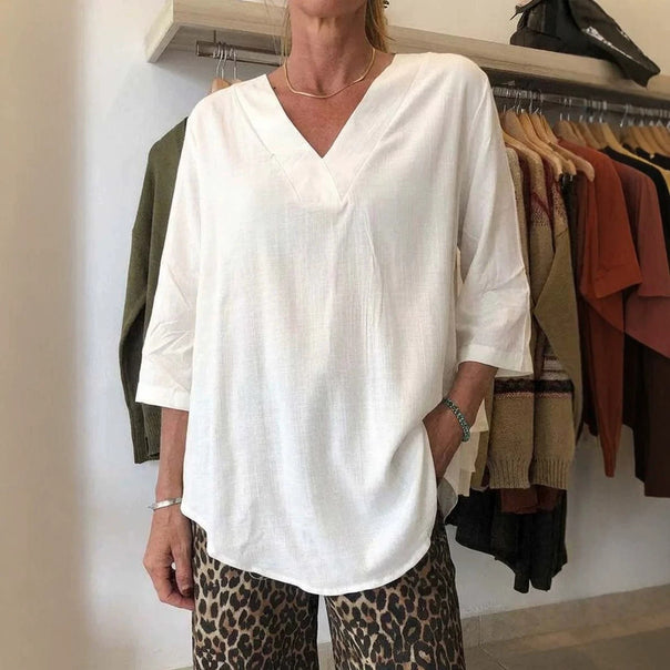 Women's Lightweight Oversized V-Neck Tunic in Linen Look with Three-Quarter Sleeves and Rounded Hem Mune Fashion