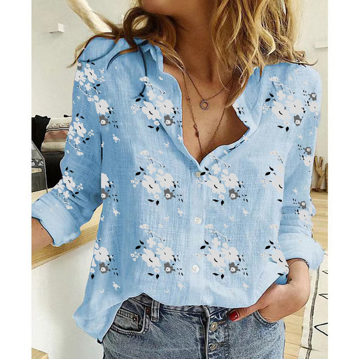 Women's loose linen blouse with star print V-neck buttoned front Mune Fashion