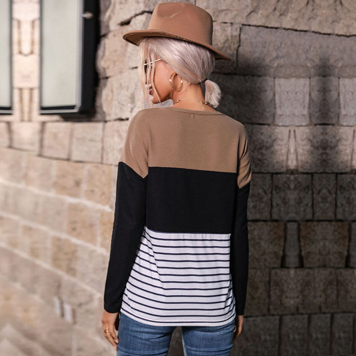 Women's Lightweight Crew Neck Knit Shirt with Waffle Structure Shoulders and Maritime Stripe Cuff Mune Fashion