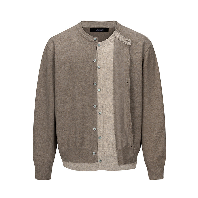 Men's fine knit cardigan with two-layer look, round neck and continuous button placket Mune Fashion