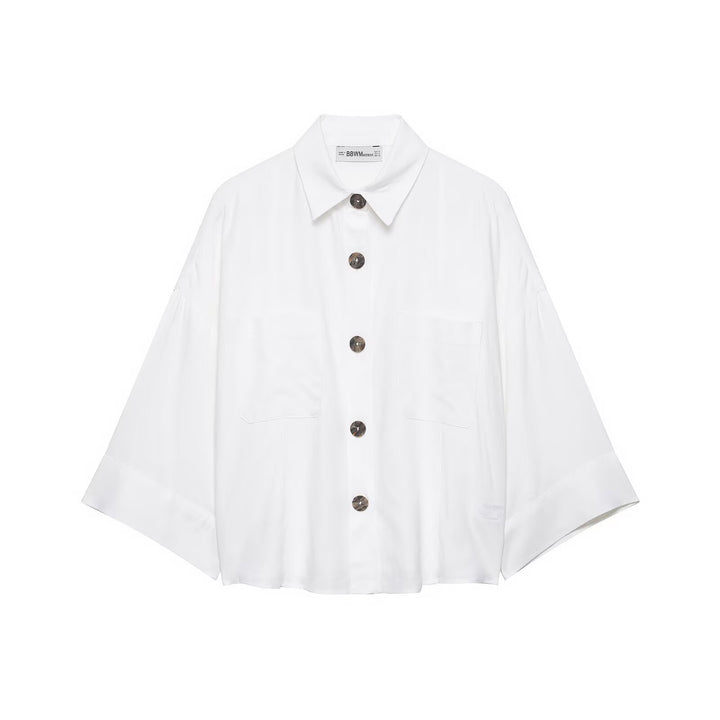 Women's Oversized Shirt Jacket with Wide Kimono Sleeves and Large Horn Buttons Mune Fashion