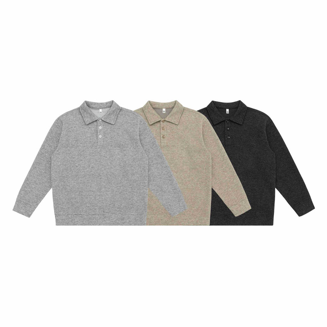 Unisex fine structure polo collar sweater with half button placket and ribbed hem Mune Fashion
