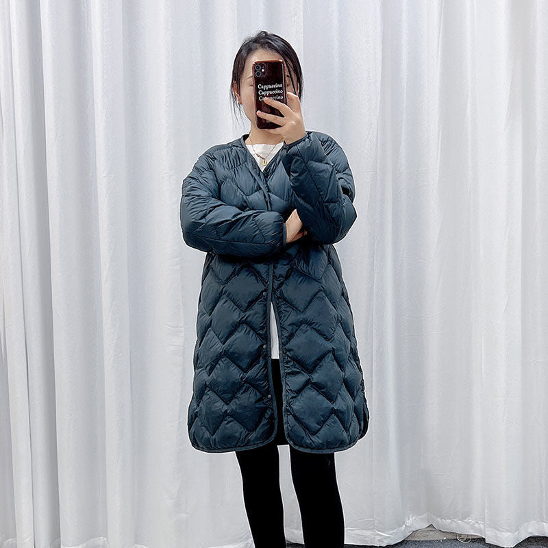 Women's Elegant Long Coat in Quilted Down Look with Diamond Quilting and Concealed Snap Button Placket Mune Fashion