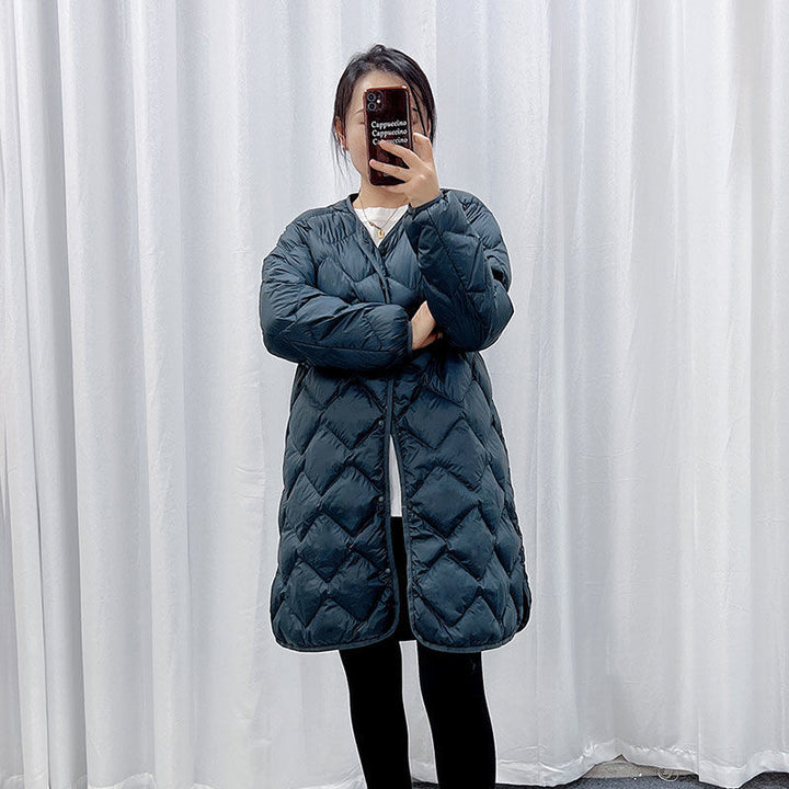 Women's Elegant Long Coat in Quilted Down Look with Diamond Quilting and Concealed Snap Button Placket Mune Fashion