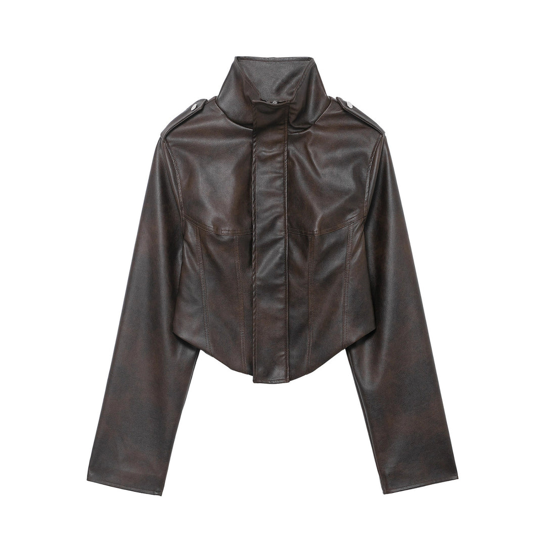 Women's short jacket made of faux leather with a high stand-up collar, shoulder flaps, and tailored silhouette Mune Fashion
