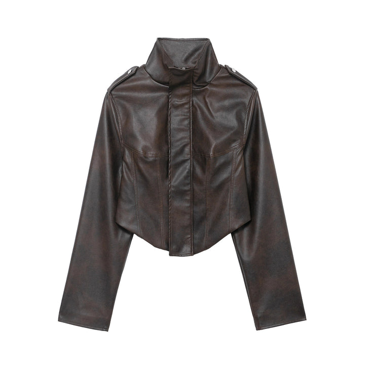 Women's short jacket made of faux leather with a high stand-up collar, shoulder flaps, and tailored silhouette Mune Fashion