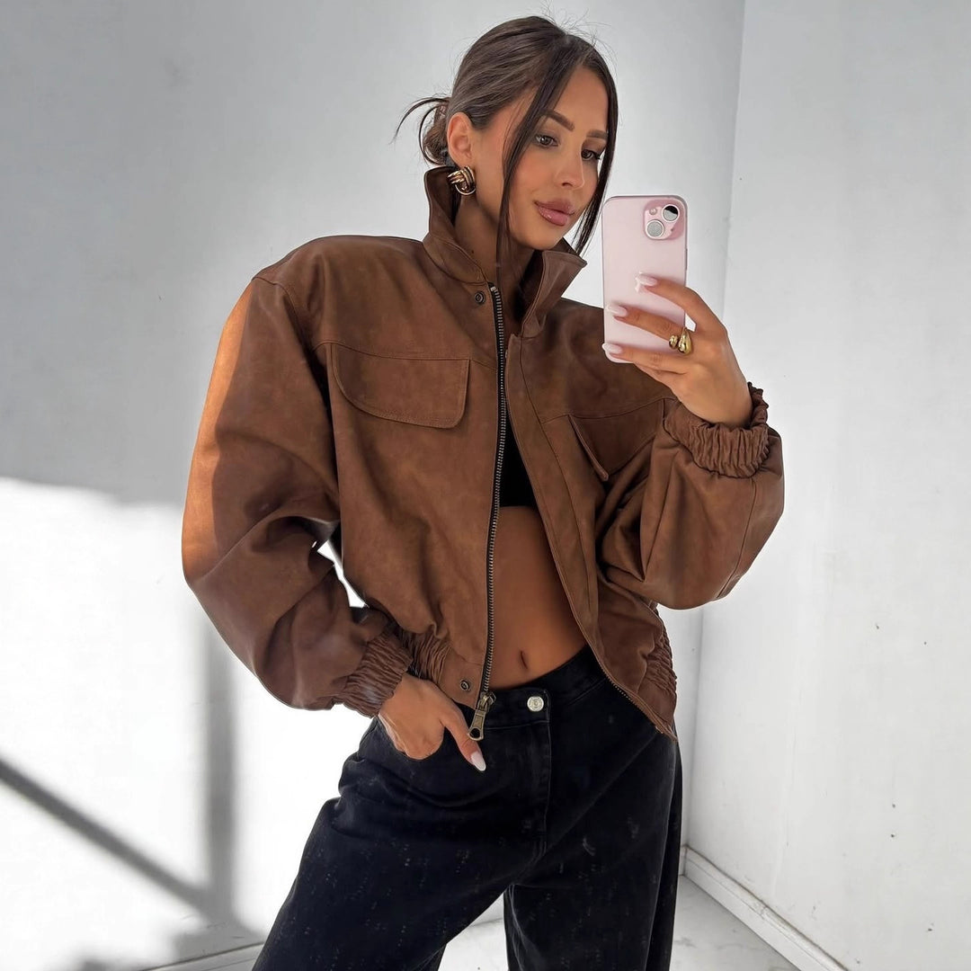 Women short cut faux leather jacket with patch chest pockets Mune Fashion