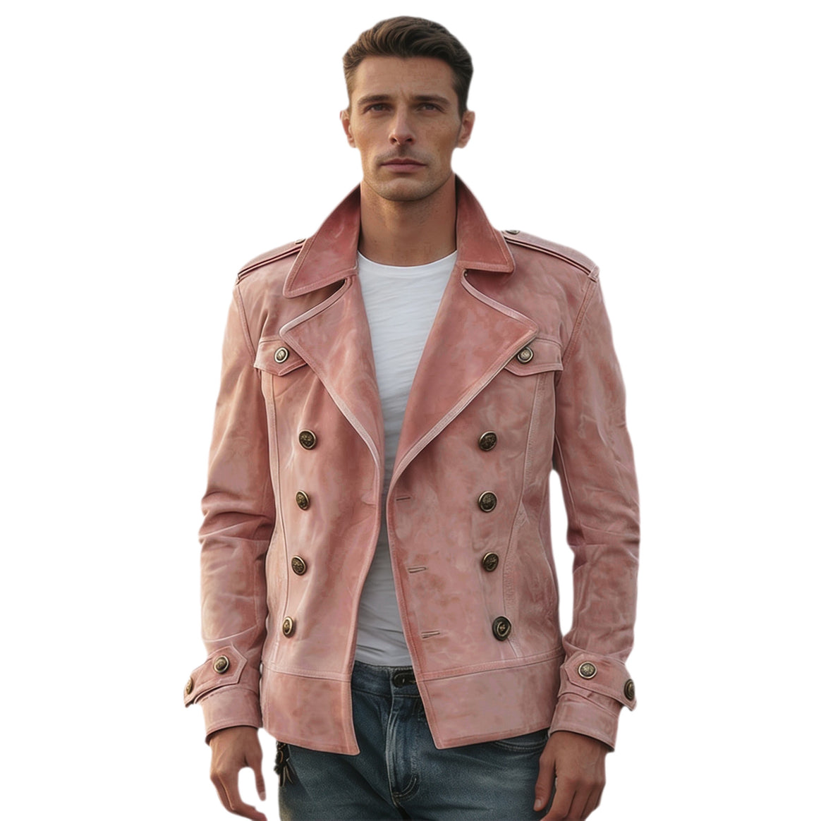 Men's Double-Breasted Leather Jacket in Vintage Look with Shawl Collar and Epaulettes Mune Fashion