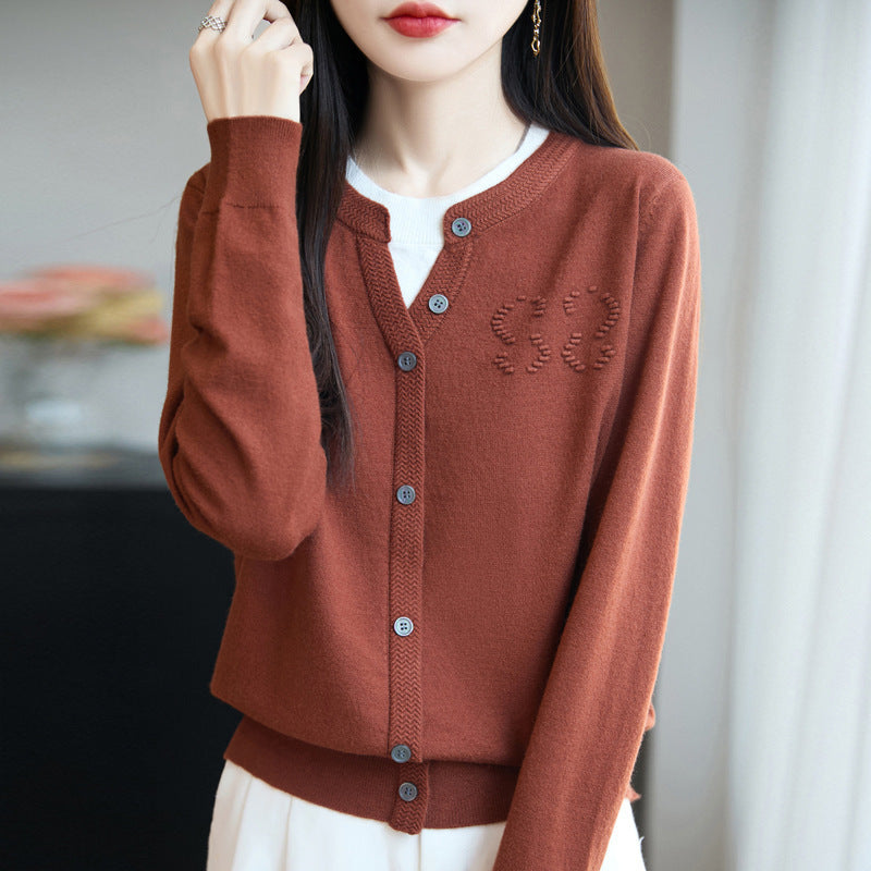 Women's Short Fine Knit Cardigan with V-slit Collar, Ribbed Trim and Subtle Structured Logo Mune Fashion
