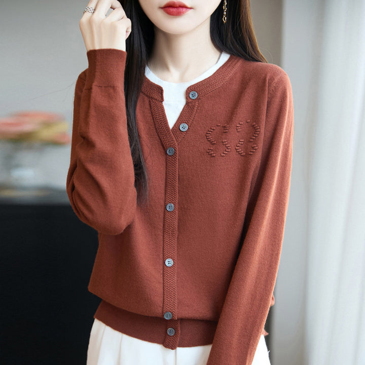Women's Short Fine Knit Cardigan with V-slit Collar, Ribbed Trim and Subtle Structured Logo Mune Fashion