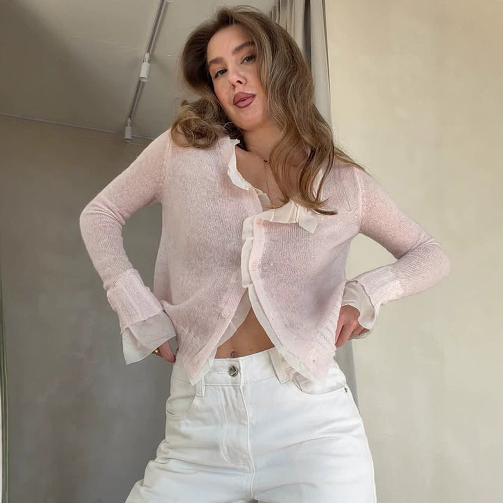 Women's Lightweight Short Mohair-Style Cardigan with V-Neck and Button Placket Mune Fashion