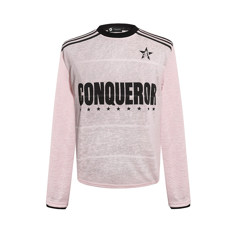 Women's long sleeve shirt with statement print, sport stripes and textured slub look Mune Fashion