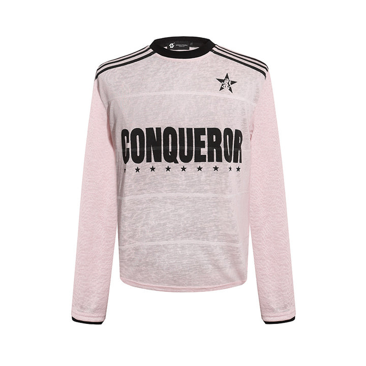 Women's long sleeve shirt with statement print, sport stripes and textured slub look Mune Fashion