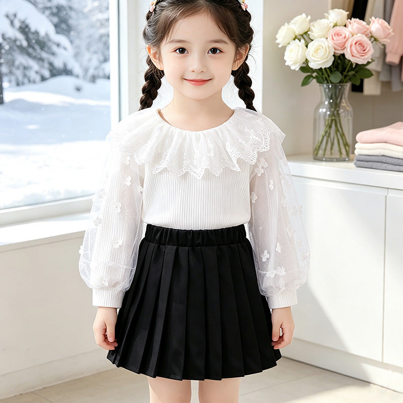 Girl's blouse with floral lace sleeves and ruffle trim Mune Fashion