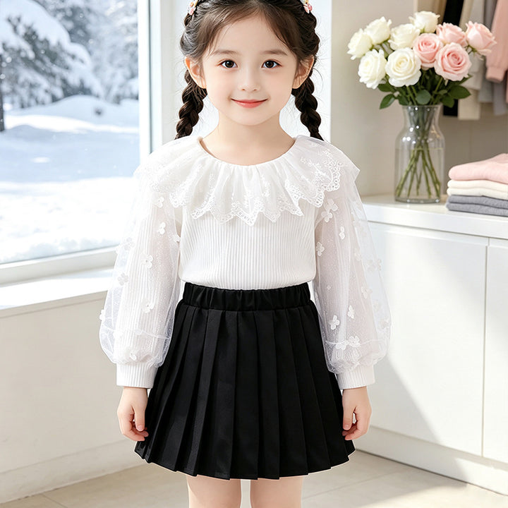 Girl's blouse with floral lace sleeves and ruffle trim Mune Fashion