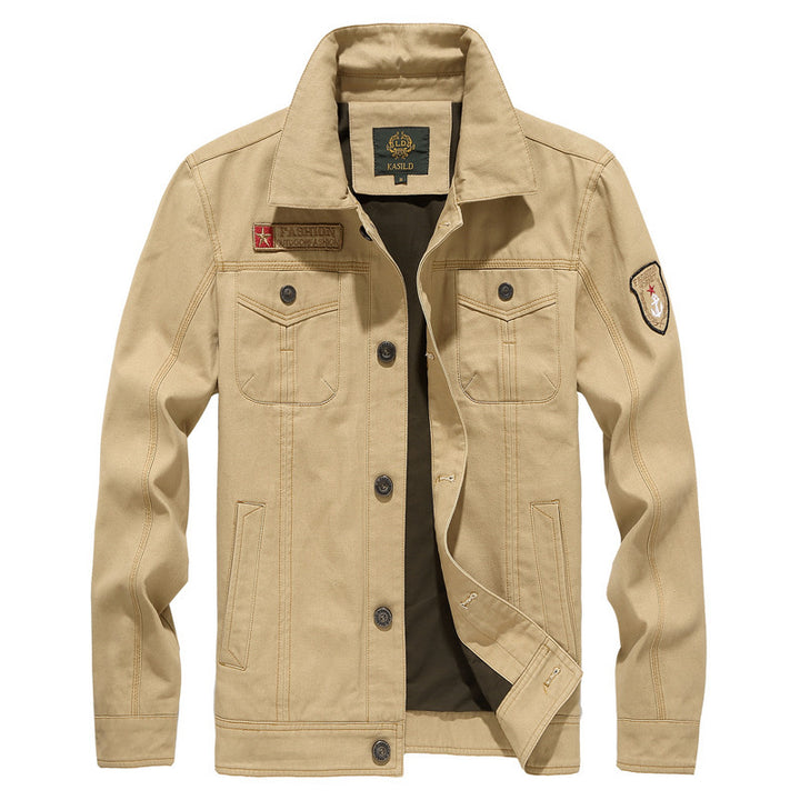 Men's robustly crafted canvas work jacket with breast flaps, inner seam lining, and badge details Mune Fashion