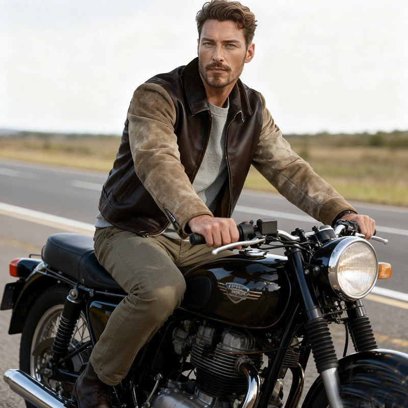 Men's leather jacket with cord sleeves, shirt collar and full zip Mune Fashion