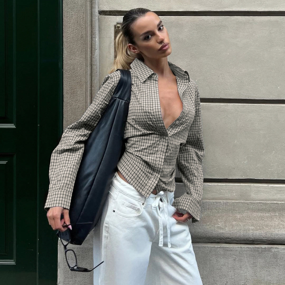 Women's fitted check blouse with concealed button placket and shaped waist seam Mune Fashion