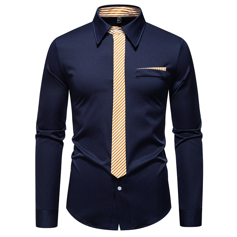 Men's Slim-Fit Business Shirt with Integrated Tie Look and Chest Pocket Mune Fashion