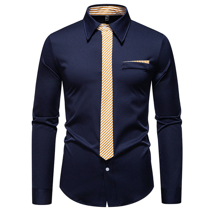 Men's Slim-Fit Business Shirt with Integrated Tie Look and Chest Pocket Mune Fashion