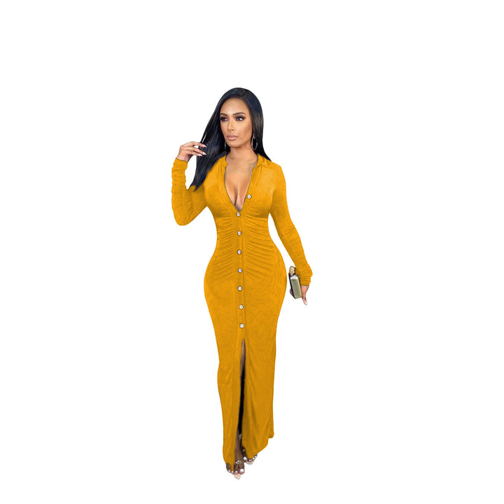 Women's Figure-Hugging Maxi Dress with Button Placket, Gathered Detail and Deep V-Neck
