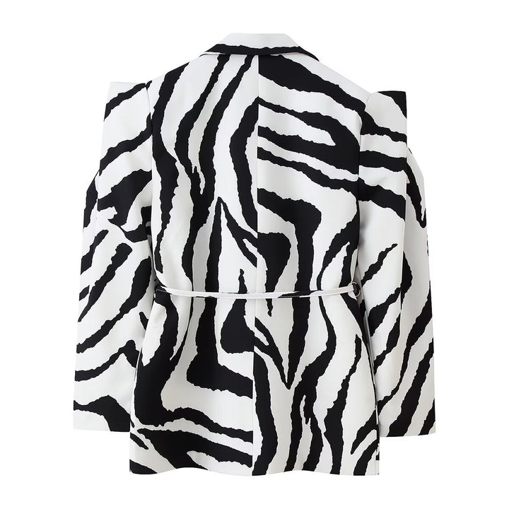 Women’s Blazer with Zebra Print, tailored tie belt and cut-out shoulders Mune Fashion