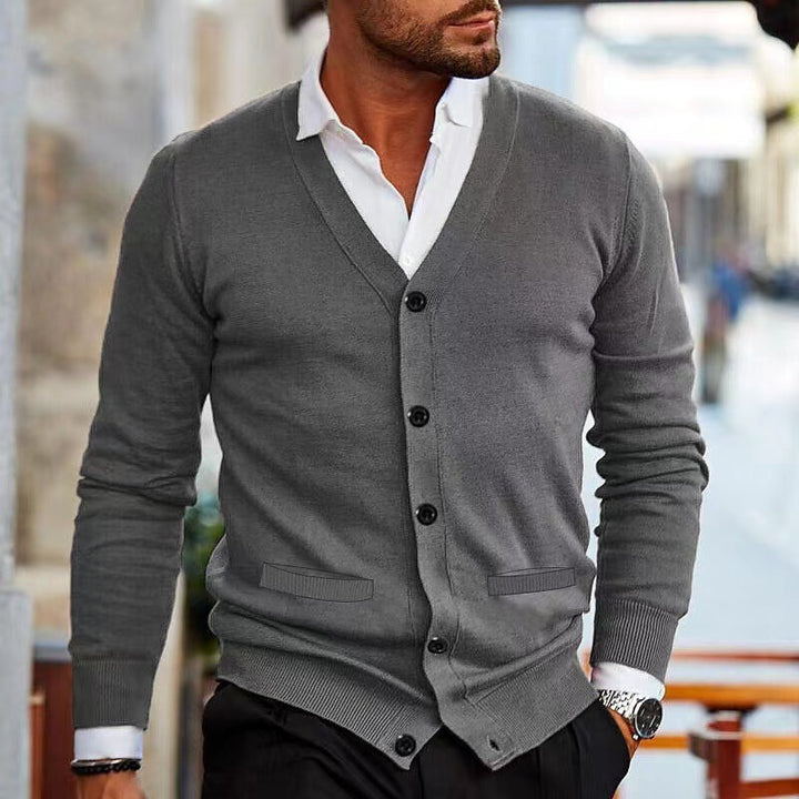 Men's fine knit V-neck cardigan with button placket and side pockets Mune Fashion