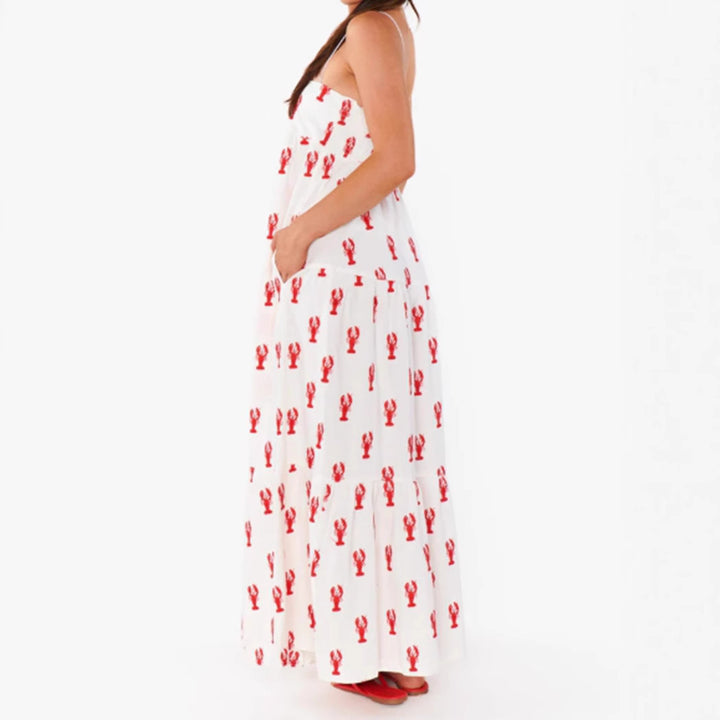 Women’s strapless tiered maxi dress with bandeau top loose A-line and maritime lobster print Mune Fashion