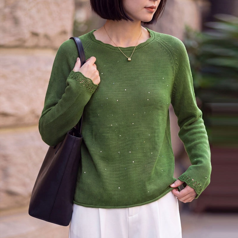 Women lightweight fine knit sweater with subtle glitter look and raglan sleeves Mune Fashion