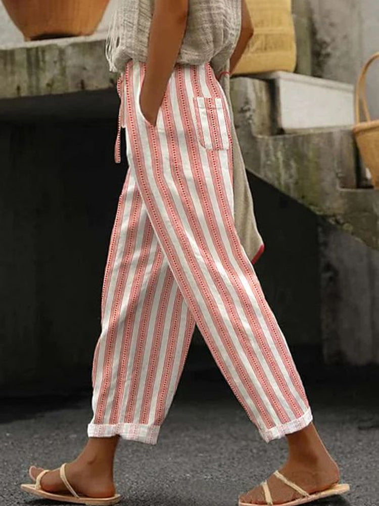 Women's Wide Linen Pants with Striped Pattern Mune Fashion