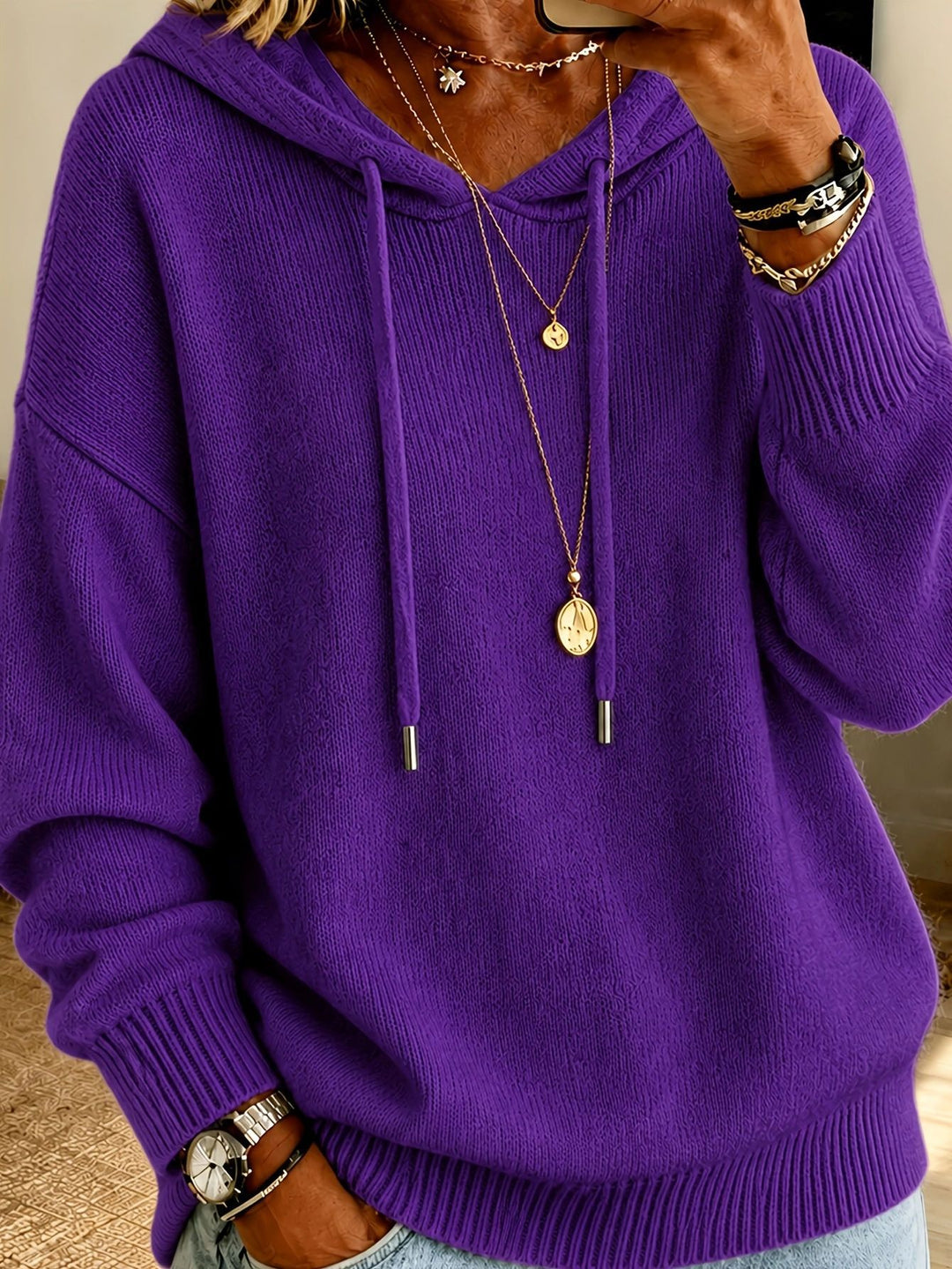 Women's Oversized Hoodie made of fine knit with drawstring and ribbed cuffs Mune Fashion