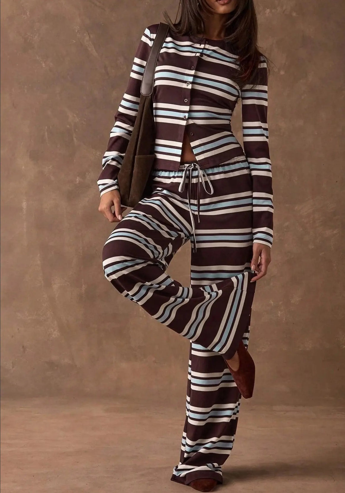 Ladies Striped Knit Lounge Set with Tailored Button Cardigan and Wide Palazzo Pants Mune Fashion