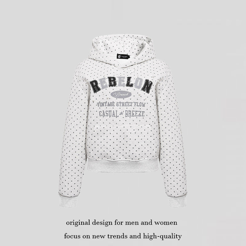 Women's hoodie with polka dot, college print, and ribbed hem Mune Fashion