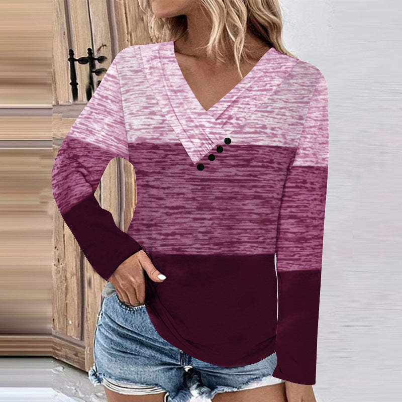 Women's Ribbed V-Neck Sweater with Gradient, Decorative Buttons and Relaxed Fit Mune Fashion