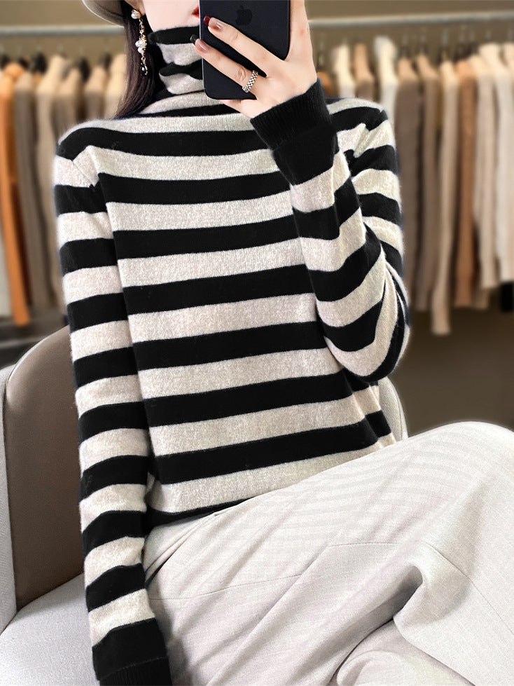 Women's Casual Striped Turtleneck Sweater made of Wool Blend with Relaxed Fit Mune Fashion