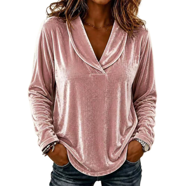 Women Velvet Relax Shirt with Shawl Collar, V-Neck and Casual Oversize Fit Mune Fashion