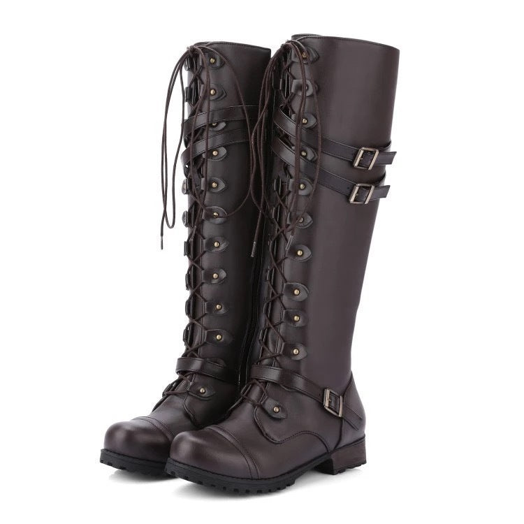 Women's knee-high lace-up boots with adjustable decorative buckles and robust tread sole Mune Fashion