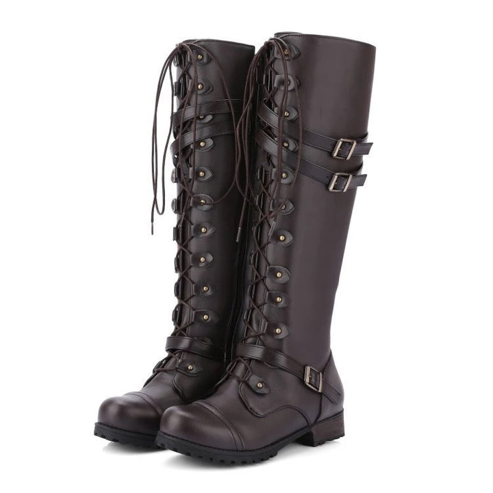 Women's knee-high lace-up boots with adjustable decorative buckles and robust tread sole Mune Fashion