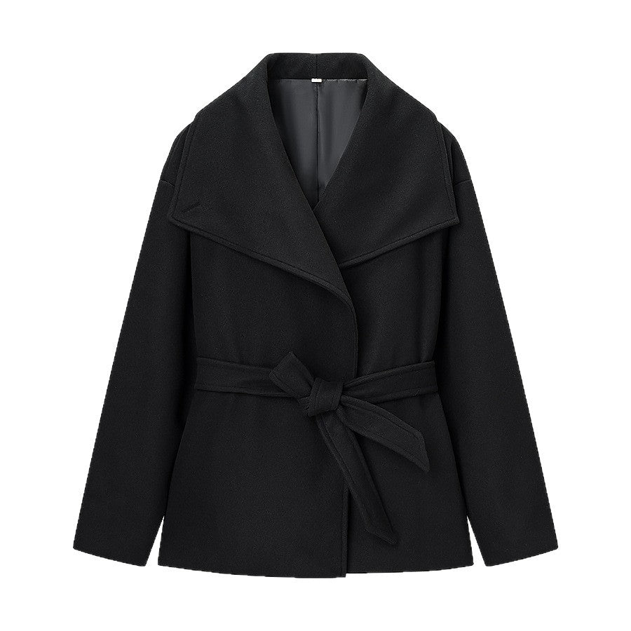 Women's Short Wool Blend Coat with Wide Shawl Collar and Waist Belt Mune Fashion