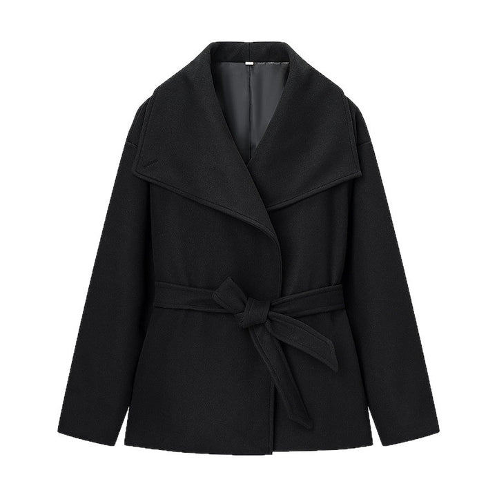 Women's Short Wool Blend Coat with Wide Shawl Collar and Waist Belt Mune Fashion