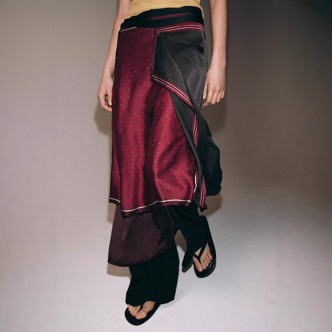 Women's satin look wrap skirt with tie belt and mixed print Mune Fashion